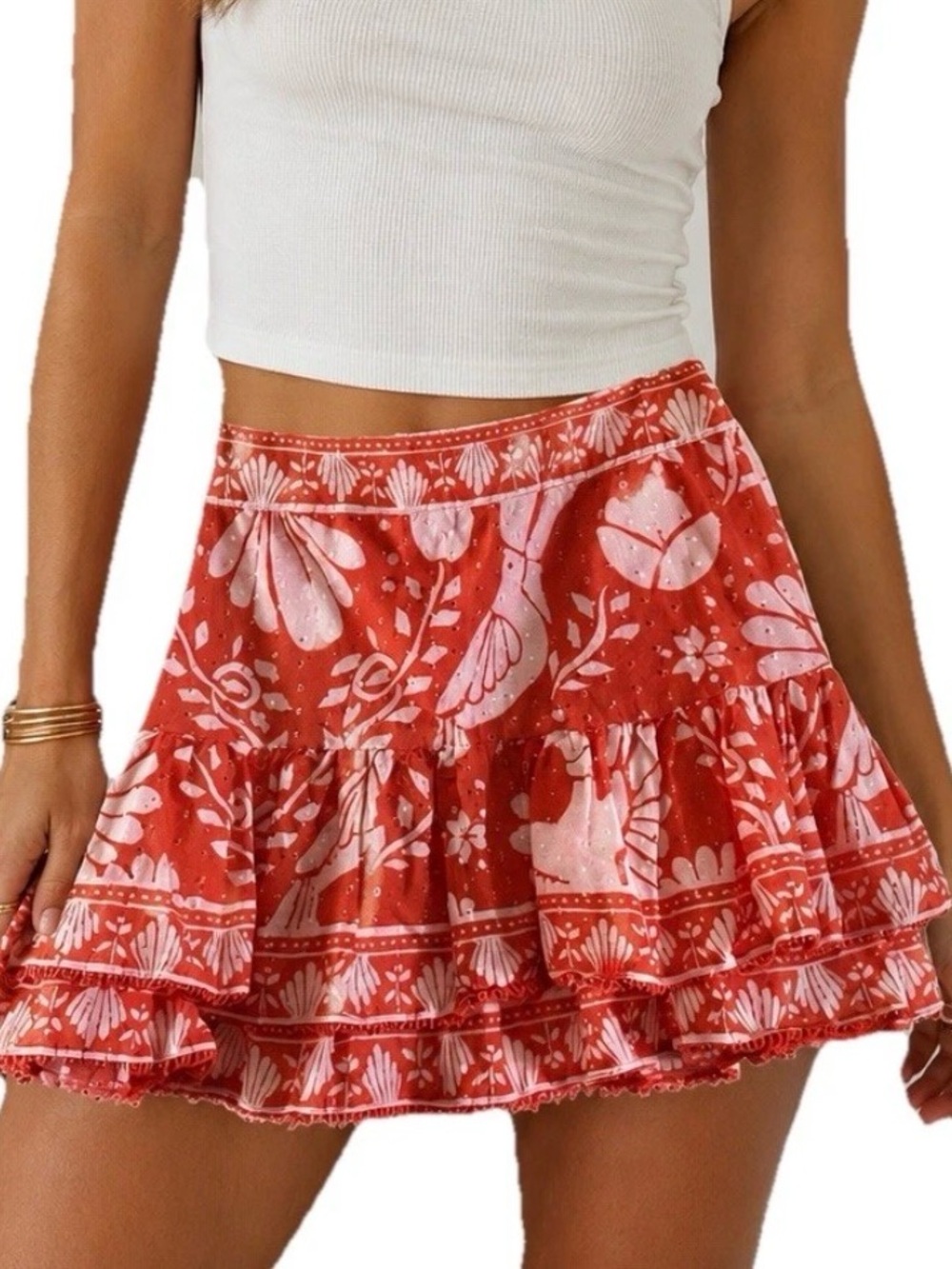 FARM RIO M Orange Neon Jungle Tiered Mini Skirt Women
